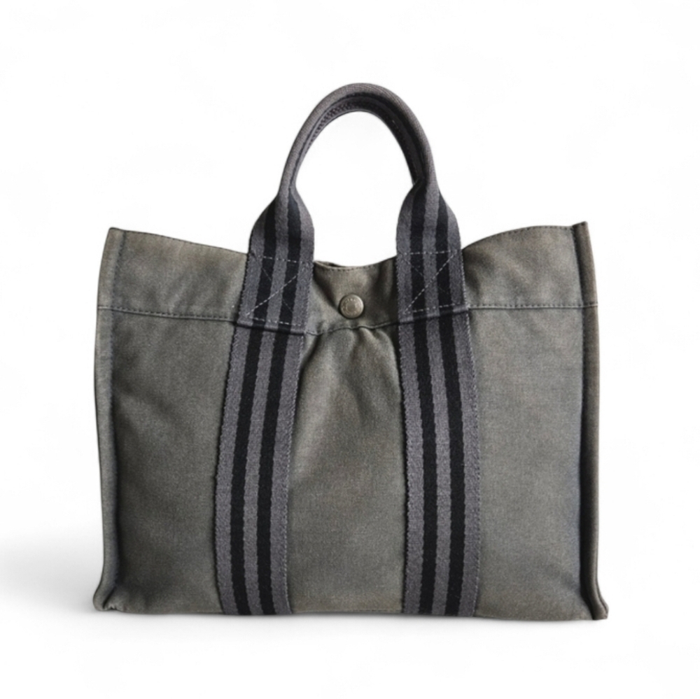 Hermes Vintage Fourre Canvas PM Tote Bag in Gray and Black